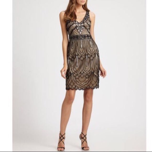 SUE WONG Navy Illusion Beaded Embroidered Dress